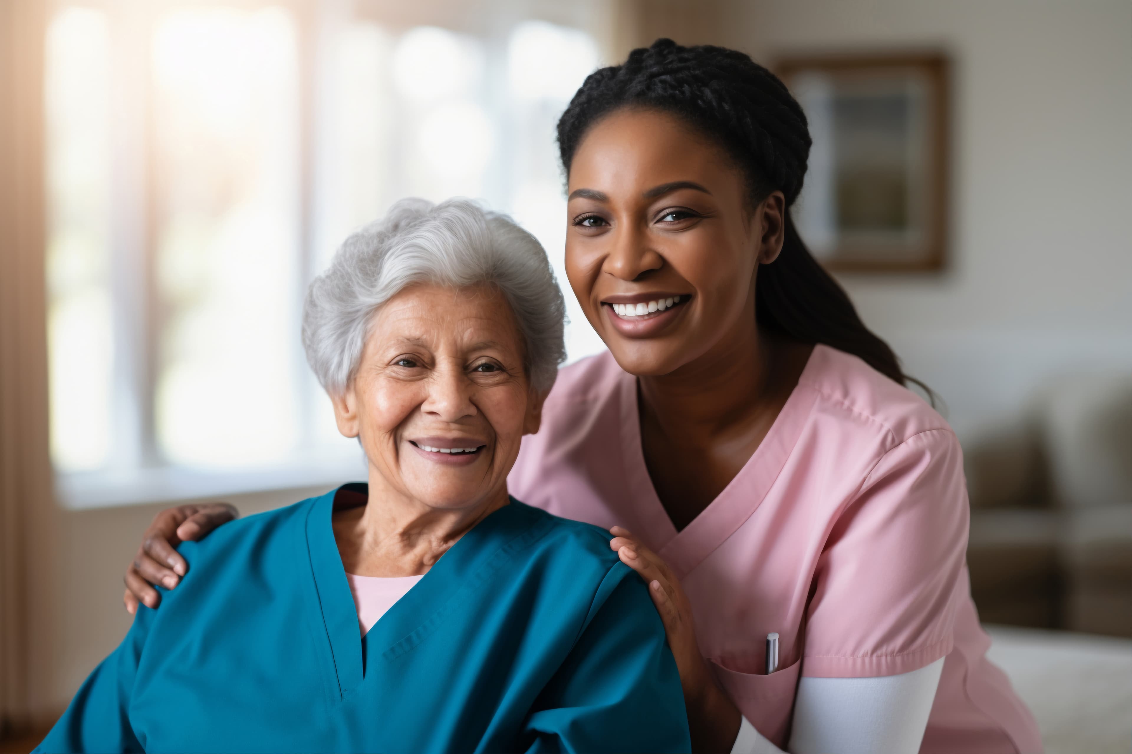 Young lady caregiver smilling with a senior client