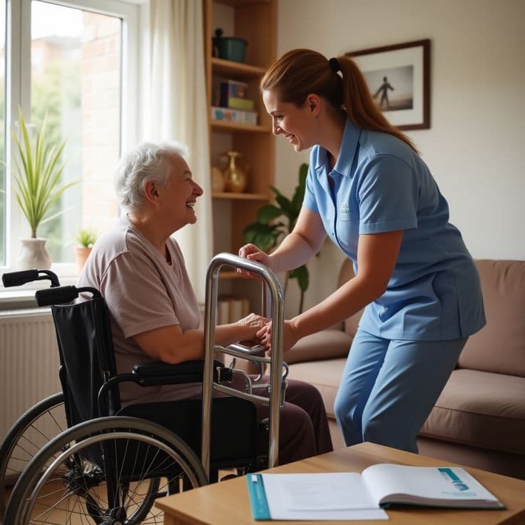 Caregiver serving meal to elderly client
